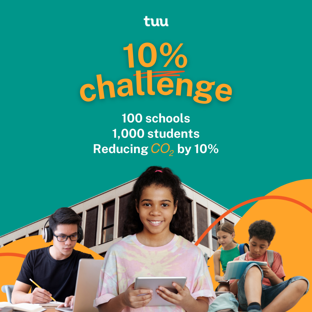 This is an image promoting Tuu's 10% Challenge - a race for schools worldwide to reduce their energy and water consumption by 10%